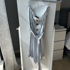 Tan blue and white strapless romper